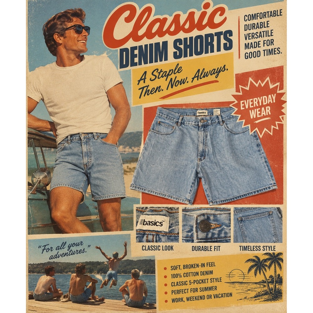 Basics Mens Denim Shorts Size XX Light Wash Blue Jean Jorts Relaxed Fit 5 Pocket